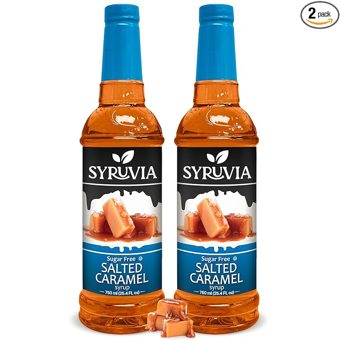 Syruvia Sugar-free Salted Caramel - 25.4 fl oz. Premium Coffee Flavoring Syrup. 0 Calories, Kosher, and Gluten-Free. Perfect for Drinks, Sodas, Shakes, Desserts, and More (2-Pack)
