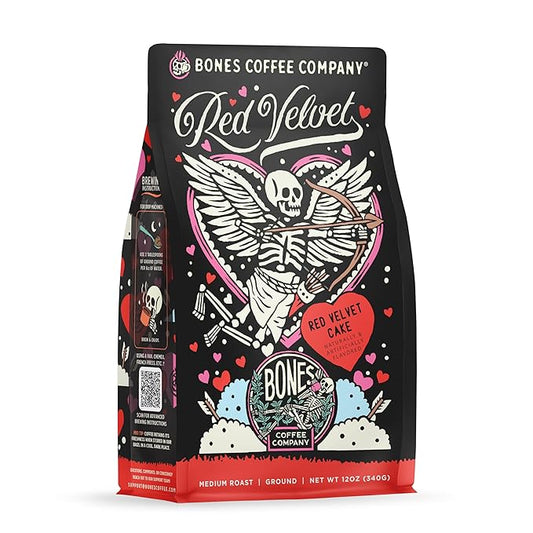 Bones Coffee Company Red Velvet Flavored Coffee Beans, Medium Roast Ground Coffee Low Acid, Red Velvet Cake Flavor (12 oz)