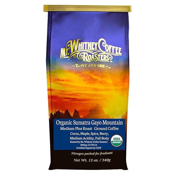 Mt. Whitney Organic Gayo Mountain Sumatra, Medium Dark Roast, Low Acid Coffee (Ground, 12 Oz)