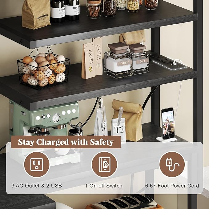 iabifo L-Shaped Bakers Rack with Power Outlet, 6-Tier Microwave Stand with Open Storage, Coffee Bar with Hooks, Mesh Grid, Kitchen Shelf with Wire Basket, Black