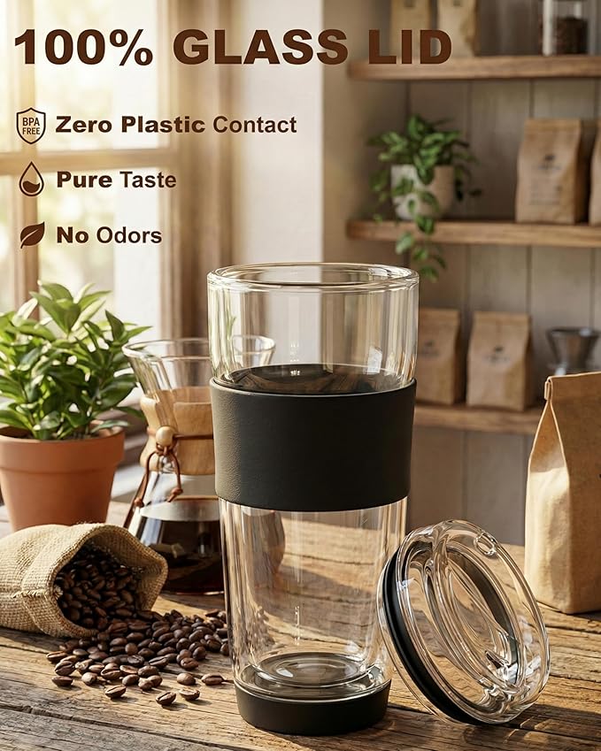 14oz Double Walled Glass Coffee Tumbler with Full Glass Lid & Silicone Sleeve - Non-Slip Insulated Travel Mug with Protective Bottom Bumper - 100% Plastic-Free