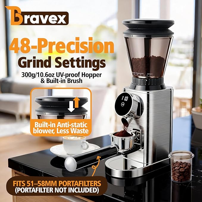 Coffee Grinder, Burr Coffee Bean Grinder for Home Use 48 Precise Grind Settings, Detachable Funnel Stand for Espresso/French Press/Drip/Cold Brew, LED Control Panel, Anti-static, Magnetic Dosing Cup