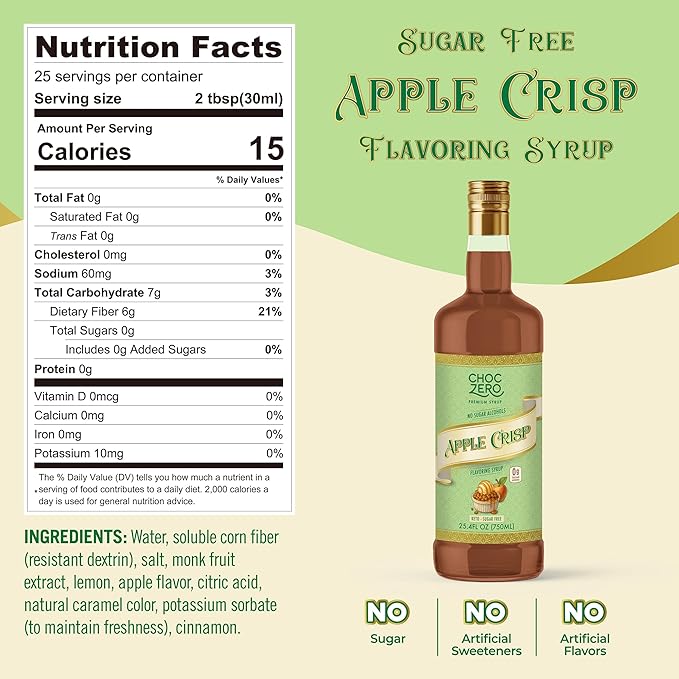 ChocZero Apple Crisp Flavoring Syrup, Sugar Free, Apple Crisp Flavor, Keto Friendly, Gluten Free, Vegan, Prebiotic Fiber, Concentrated Coffee & Beverage Syrup – 25.4 Fluid Ounces