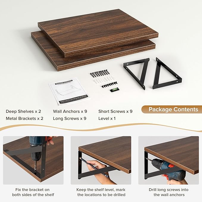 Deep Floating Shelves Wall Mounted, 16"x12" Walnut Wall Shelves with Brackets Set of 2 for Bedroom, Living Room, Bathroom, Kitchen, Office - Storage & Display Shelf for Decor, Books, Plants