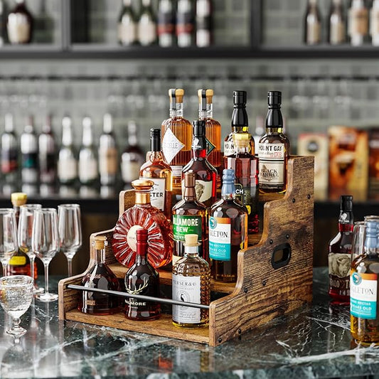 KLM Liquor Bottle Display Shelf, Coffee Syrup Rack Organizer, 4 Step Countertop Liquor Wine Rack, mini bar,liquor cabinet, Home Retro Bar Shelf Stand for Liquor Whiskey, (Brown)