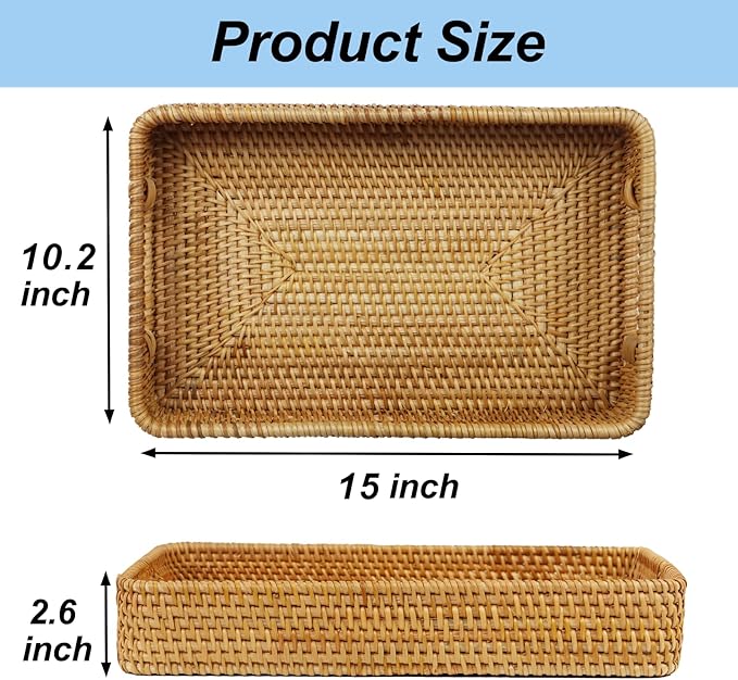 Rattan Serving Tray, Rectangle Coffee Table Tray with Handles, Decorative Ottoman Tea Tray Wicker Basket for Coffee, Bread, Fruits, Snacks, Breakfast, Drinks, Table Decor