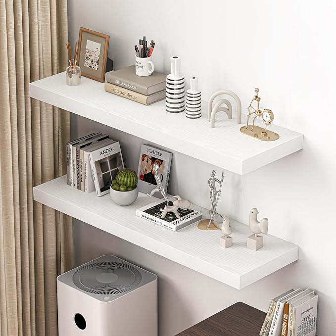 Dreamland 48" Floating Shelves for Wall, 12" Deep Thicker White Floating Shelves, Wall-Mounted Shelves for Bedroom, Living Room, Kitchen, Bathroom - Set of 2