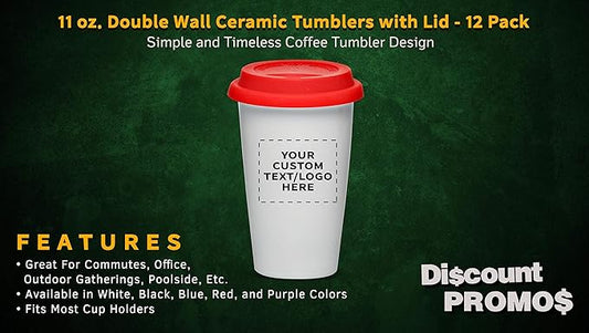 Personalized 11 oz. Double Wall Ceramic Tumblers with Lid - 12 Pack - Custom Text, Logo - Red