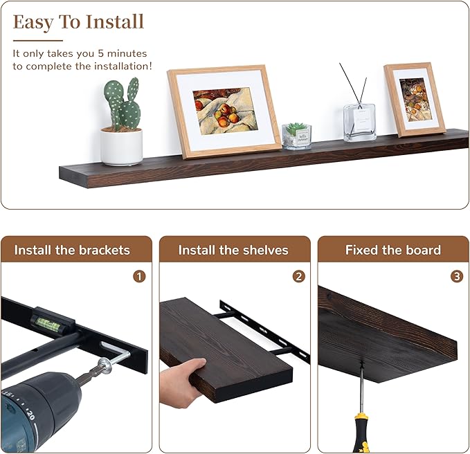 Marsmiles Wood Floating Shelves | 48 Inch Dark Wood Wall Shelves Set of 1 | 48" W x 6.7" D Rustic Wooden Shelves for Bathroom Kitchen Living Room Bedroom