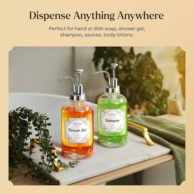 Glass Coffee Syrup Dispenser for Coffee Bar - Set of 4 Silver 16.9 oz / 500 ml Glass Syrup Bottles, Includes 2 Bamboo Trays, 16 Stencils, Labels, Coffee Bar Accessories