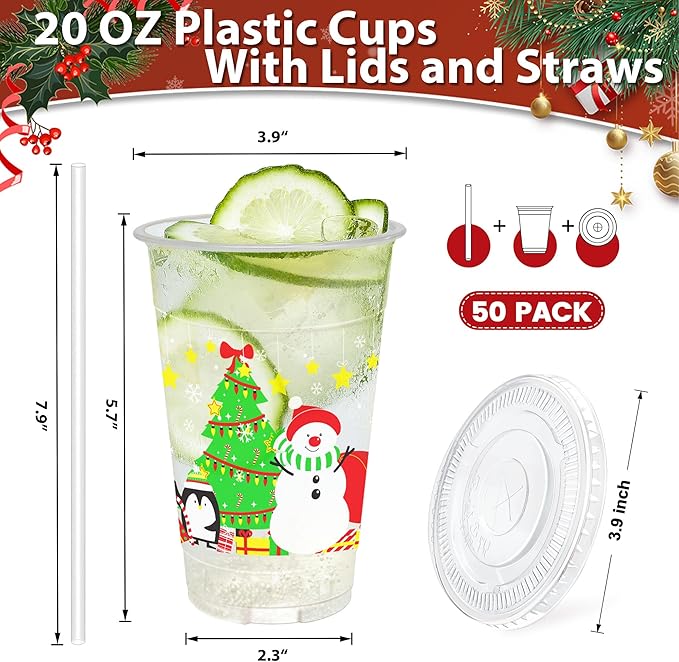 Clawsoff Christmas 20 OZ 50 Pack Plastic Cups with Lids and Straws, Sturdy Food Safe Iced Clear Coffee Cups Disposable Smoothie Cups for Cold Drinks
