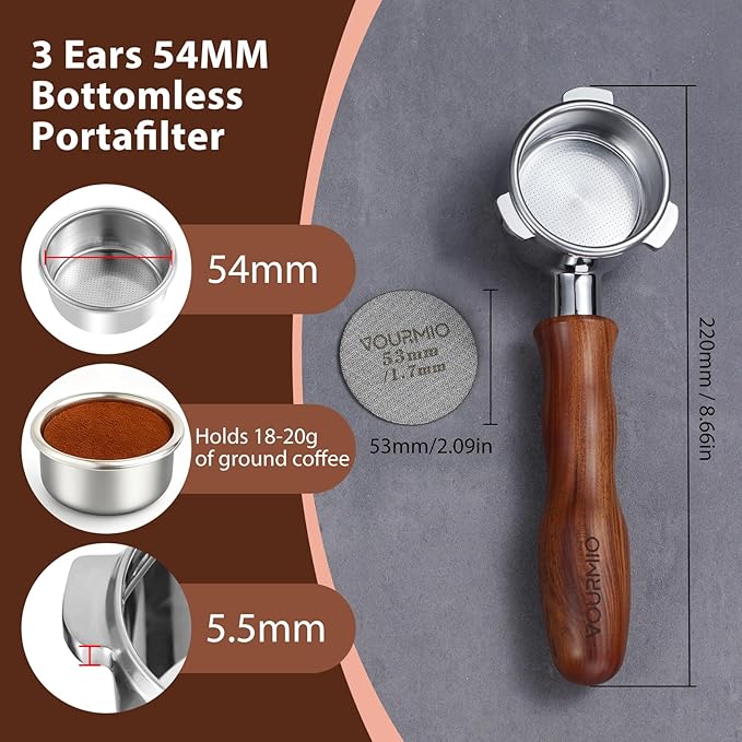 VOURMIO 54mm Bottomless Portafilter - Breville Compatible Naked Portafilter, Rosewood Handle & 18-20g Filter Basket & Puck Screen Included, Fits Barista Express, Pro, Touch, Bambino Plus, Infuser