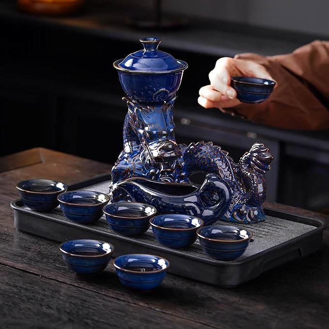 Semi Automatic Tea Set Ceramic Teapot with Infuser Magic Teapot with 8 cups Gradient Color (Dark Blue Dragon-C)