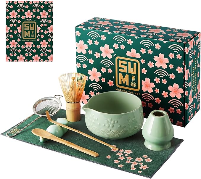 Matcha Whisk Set 9pcs – Matcha Tea Set with Ceramic Matcha Bowl, Bamboo Whisk (Chasen), Scoop, Sifter | Matcha Kit for Japanese Tea Ceremony & Beginners(Green)