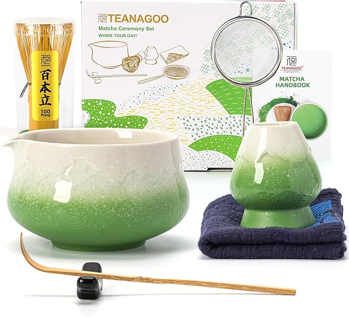 TEANAGOO 7 Pcs Matcha Whisk Set,Green Matcha Set, Ceremony Matcha Powder Kit,Matcha Tea Set for Making Latte,Matcha Whisk Set and Bowl with Scoop&Sifter,Fuji Design Ceramic Bowl,Gift for Matcha Lovers