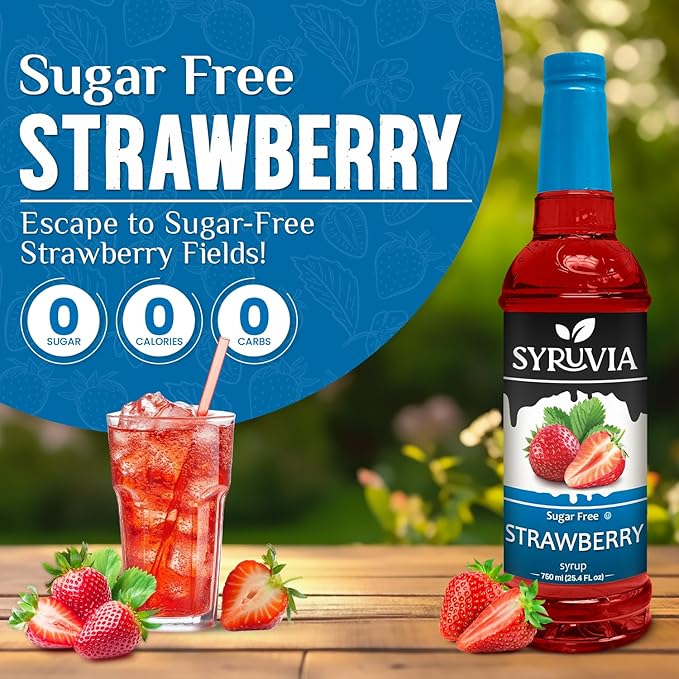 Syruvia Sugar-Free Strawberry Syrup, Flavored Syrup for Drinks, Cocktails, Lemonades, Iced Teas, and Desserts – 25.4 fl oz, With Pump