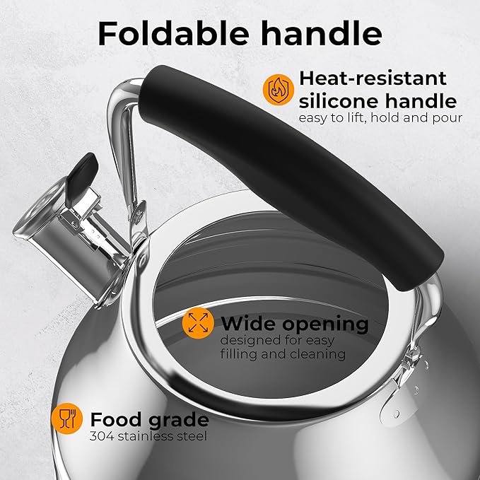 Stovetop Whistling Tea Kettle – 2.4 QT Stainless Steel Teapot with Ergonomic Handle, Fast Heating for Gas, Electric & Induction Stoves – Shiny Finish, Silver