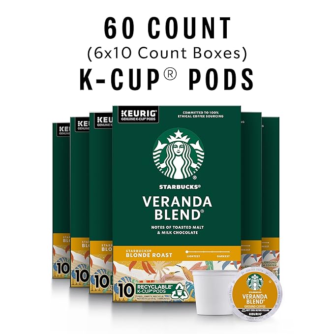 Starbucks K-Cup Coffee Pods, Starbucks Blonde Roast Hot or Iced Coffee, Veranda Blend, 60 Keurig Pods
