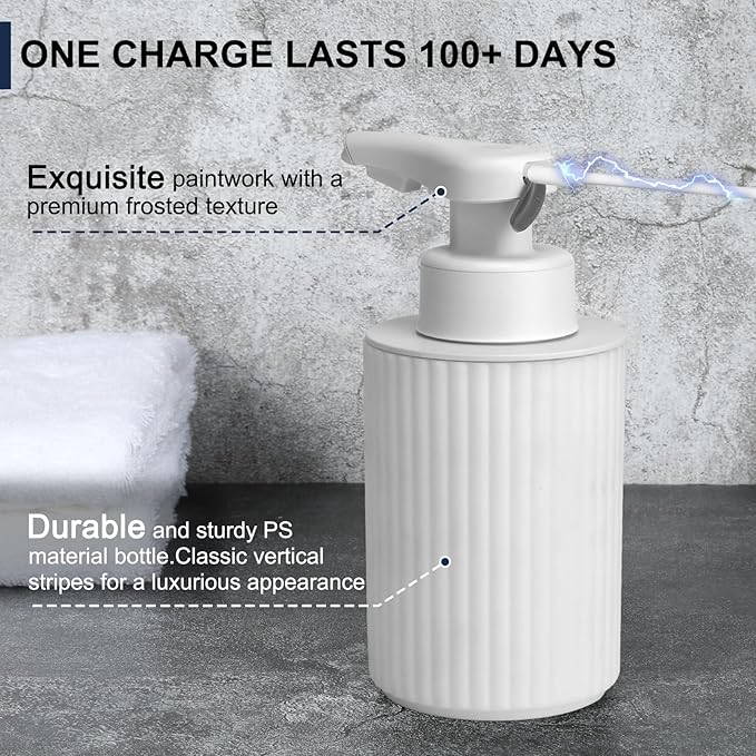Automatic Soap Dispenser Liquid Touchless: 9oz White Plastic - Rechargeable Electric Smart 3 Level Adjustable Auto Hand Soap Dispenser - Dish Bathroom Kitchen