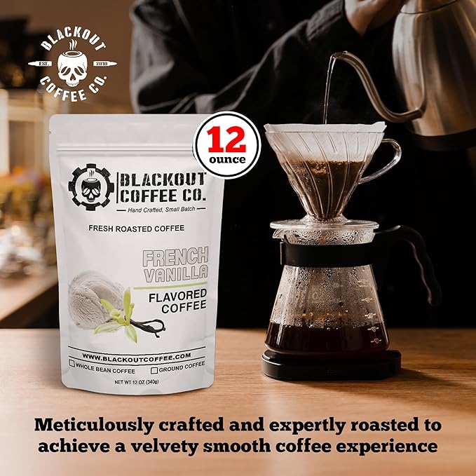 Blackout Coffee French Vanilla Flavored Ground Coffee – Smooth Taste, Guilt-Free Indulgence – Freshly Roasted 12oz Pouch