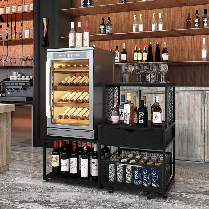 PUNCIA Mini Fridge Stand with Storage, Coffee Bar Cabinet with Power Outlet and Drawer — Beverage Refrigerator Table, Microwave Oven Stand with Rolling Basket for Home, Dorm, Apartment, Pantry