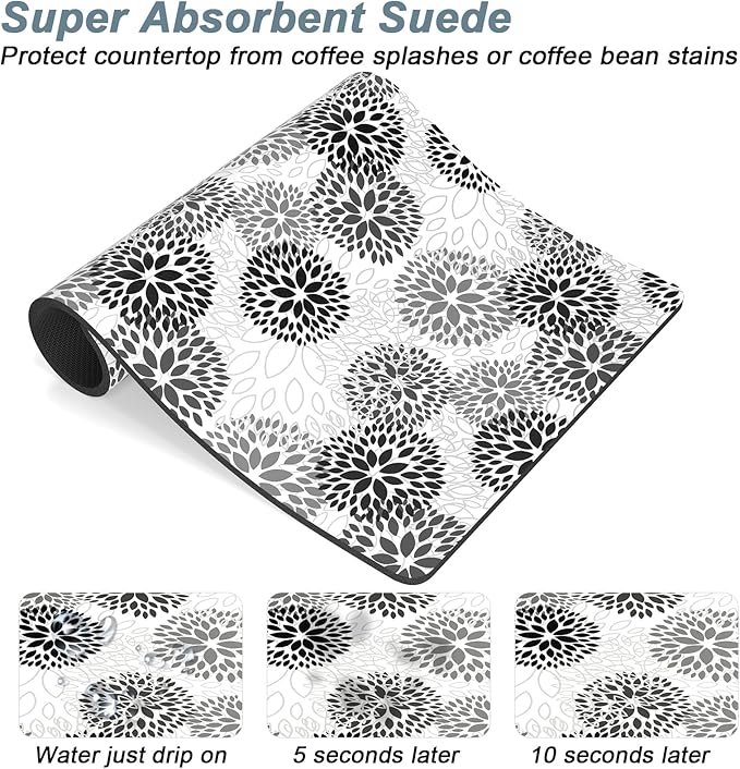 Rnivvi Coffee Mat, 12" x 19" Cute Coffee Bar Mats for Espresso Machine Station Accessories and Organizer, Hide Stain Rubber Backed Absorbent Dish Drying Pad for Kitchen Counter, Cartoon Flowers