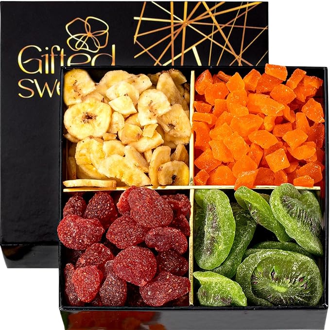 Dried Fruit Gift Basket - 4 Variety Assortment - Gourmet Dried Fruit, Snack Box, In An Elegant Gift Box, Gift Set for Birthday, Sympathy, Healthy Gift Snack Box for Men and Women