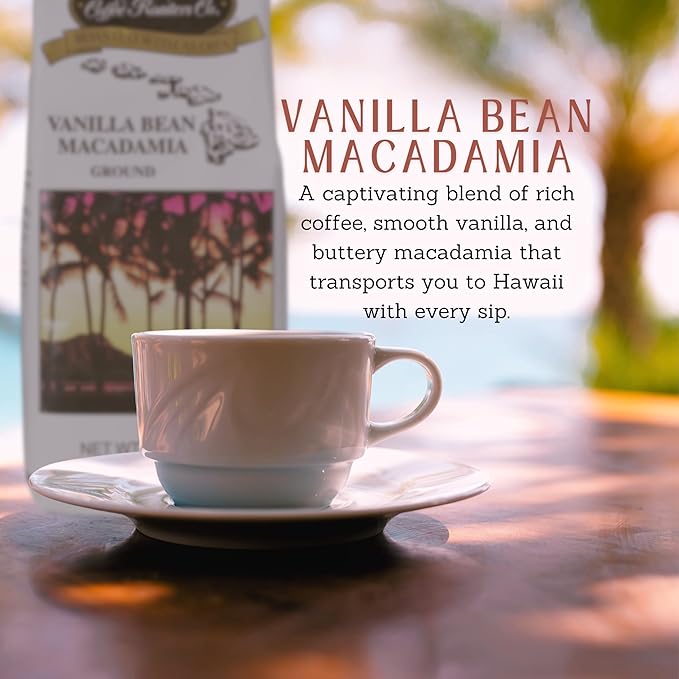 Hawaiian Isles Coffee Vanilla Bean Macadamia Flavored, Light Roast Ground Coffee, Roasted with Aloha - 8 Ounce Bag