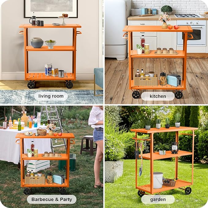 Modern Mobile Serving Cart Industrial 3 Tier Rolling Kitchen Island Rustic Metal Bar Cart for Outdoor& Indoor Utility Cart for Office with 2 Side Handle (39.4 * 15.7 * 41.3inch L*W*H)