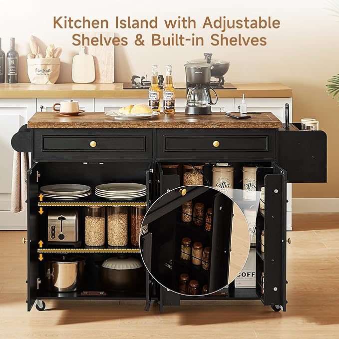 ONBRILL 58" Mobile Kitchen Island, Kitchen Island Cart with Power Outlet, Island Table for Kitchen, Home Bar Carts with Storage, Kitchen Rolling Island with Spice Rack & Towel Rack & Knife Holder