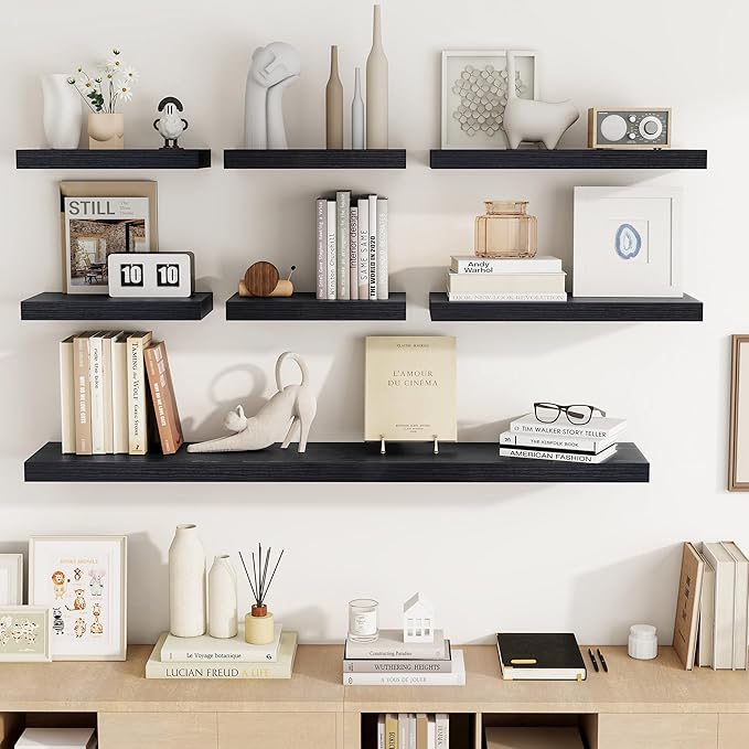 32 Inch Floating Shelves, 3D Textured Wood Grain, 32"x9.25"x1.5" Inch Deep Floating Shelves for Wall, Wooden Shelves for Bathroom, Bedroom, Living Room, Black, 2 Pieces