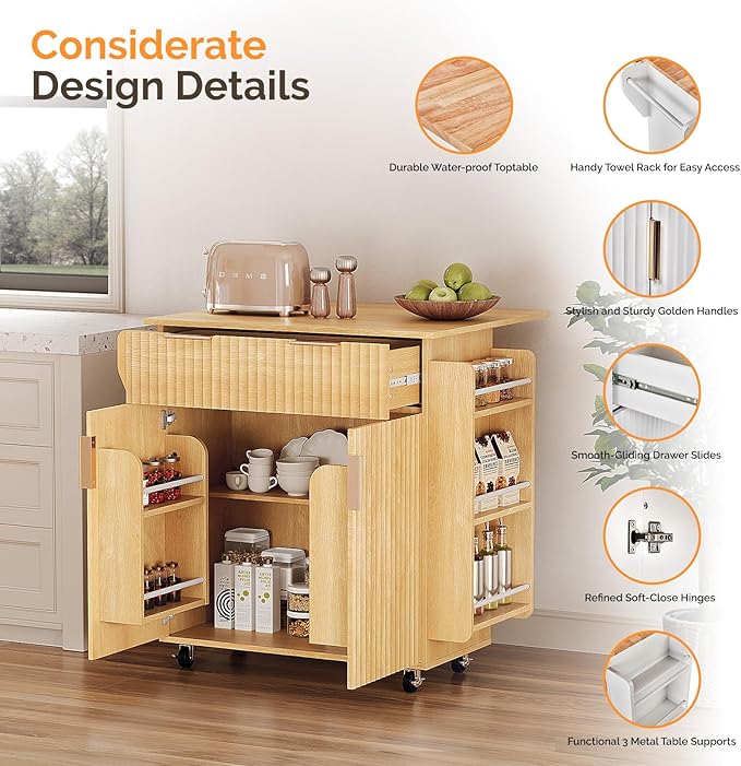 VINGLI Kitchen Island with Storage, Rolling Cart on Wheels with Foldable Drop Leaf, Drawer & Door Cabinet, Portable Kitchen Cart for Meal Prep & Organization, Oak