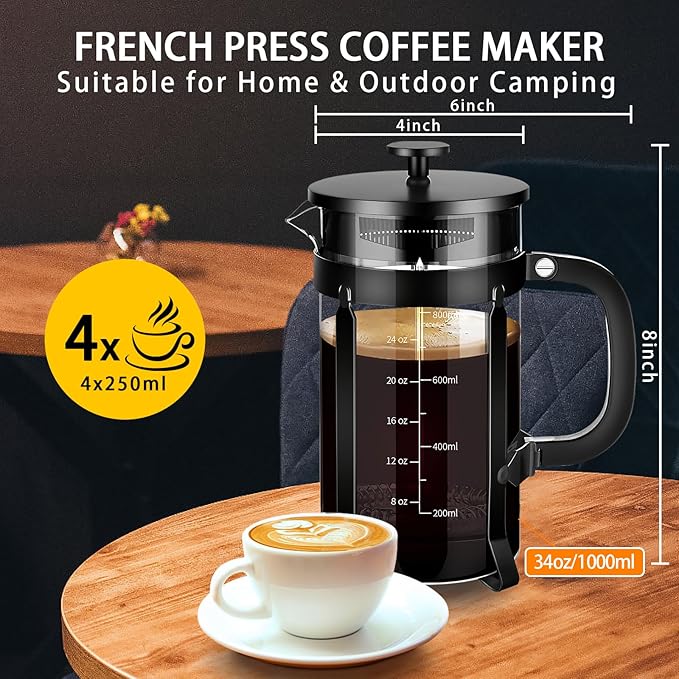YMMIND French Press Coffee Maker 304 Stainless Steel Coffee Press,with 4 Filters System, Heat Resistant Thickness Borosilicate French Press Glass, BPA-Free Brewed Tea Pot Coffee Plunger(Copper 12oz)