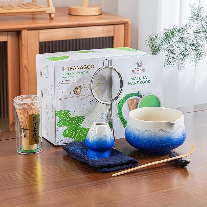 TEANAGOO 7 Pcs Matcha Whisk Set,Blue Matcha Set, Ceremony Matcha Powder Kit,Matcha Tea Set for Making Latte,Matcha Whisk Set and Bowl with Scoop&Sifter,Fuji Design Ceramic Bowl,Gift for Matcha Lovers