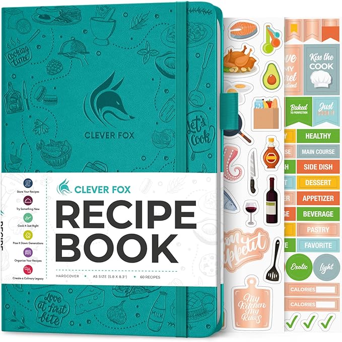 Clever Fox Recipe Book – Blank Family Cookbook – Empty Cooking Journal – Notebook Organizer to Write In Recipes – Medium, A5 (Turquoise)