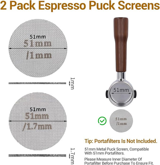 2 Pack 51mm Espresso Puck Screen, 1.7mm and 1.0mm Thickness Metal Contact Screen for 52-54mm Portafilter Stainless Steel Filter Mesh Plate