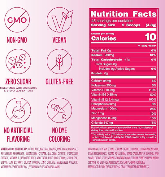 TREVI™ Sugar Free Electrolytes - Everyday Hydration Drink Mix Hydration Powder Multi Serving Tub - 45 Serving - Watermelon