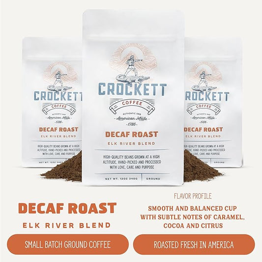Crockett Decaf Ground Coffee – Bold Decaf Ground Coffee with Rich Flavor, Smooth Body & No Bitterness – Perfect for Classic Coffee Drinks, Caffeine-Free Energy & Guilt-Free Brewing