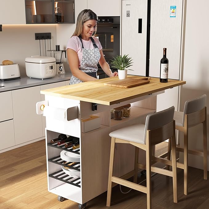 Rolling Mobile Kitchen Island with Storage and Drop Leaf, Island Table with Countertop Power Socket and Wheel (White, Model 1.2)