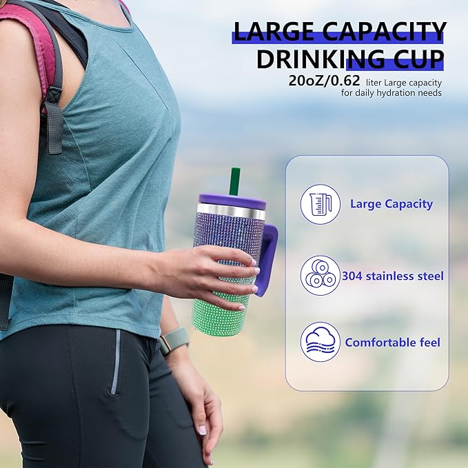 20-OZ Insulated Water Bottle,Insulated Stainless Steel Tumbler,Reusable Cold Drink Thermos,BPA-Free, Double-Wall Stainless Steel Water Bottle (Purple Green Gradient-Diamond, 20, Fluid Ounces)