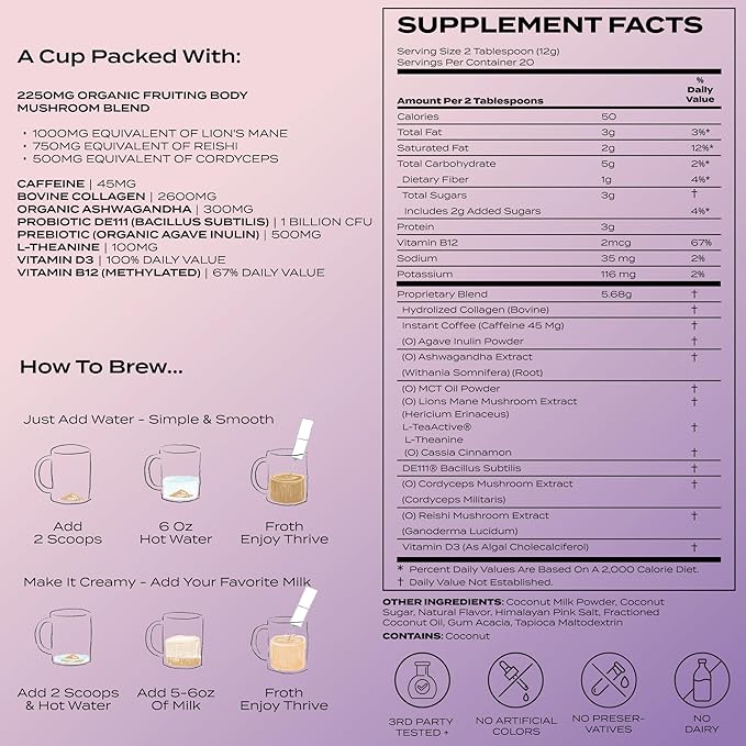Atlas+ Latte Superblend– Premium Mushroom Coffee with Collagen, Probiotics, D3 & B12, Lion’s Mane, Reishi, Cordyceps, Coconut– for Energy, Focus, Immunity & Gut Health– 40 Servings (2 Bags)