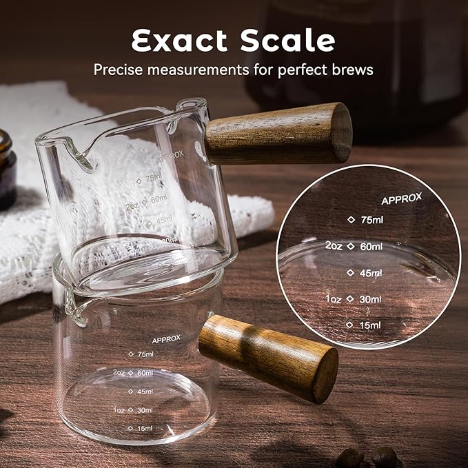 2 Pack Espresso Shot Cups Measuring cups, Wooden Handle V-Shaped Double Spout Espresso Shot Glass, Coffee Bar Essentials, coffee accessories