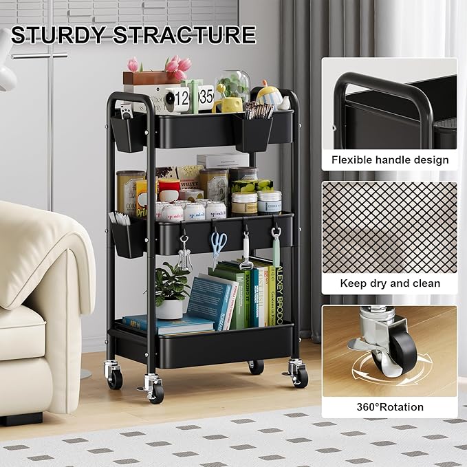 3 Tier Rolling Cart Metal with Wheels, Black Three Tiered Art Cart Organizer on Wheels, Storage Utility Trolley Carts for Kithcen, Craft, Nail, Lash, Makeup, Salon,Bedside, Bathroom, Office, Snack