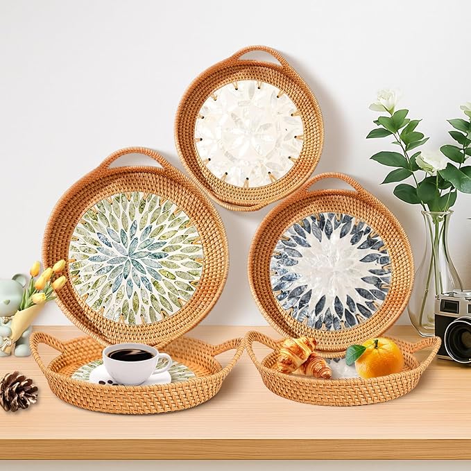 Mothers Day Gifts Set – 3 Handwoven Rattan Trays with Natural Shell Inlay, Boho Decorative Wicker Serving & Coffee Table Trays with Handles for Home Decor, Candles, Snacks & Holiday Entertaining