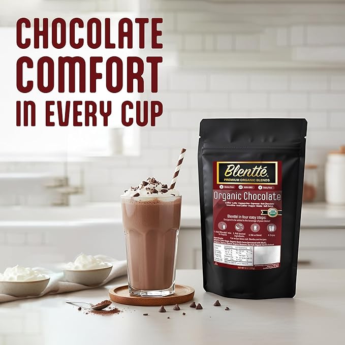 Blentte - Organic Chocolate Mix – Vegan Cocoa Powder for Coffee, Latte, Smoothies & Shakes – Dairy-Free, Gluten-Free, Non-GMO Blend with Cane Sugar & Rich Dutch Cacao – Resealable Pouch – 10 oz
