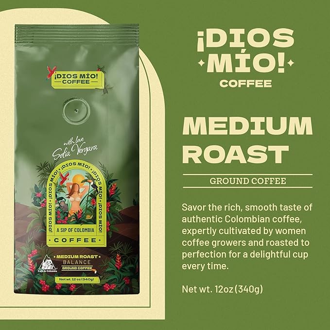 Dios Mio Coffee by Sofia Vergara, Medium Roast, Ground Premium Colombian Coffee, 12 Ounce Bag