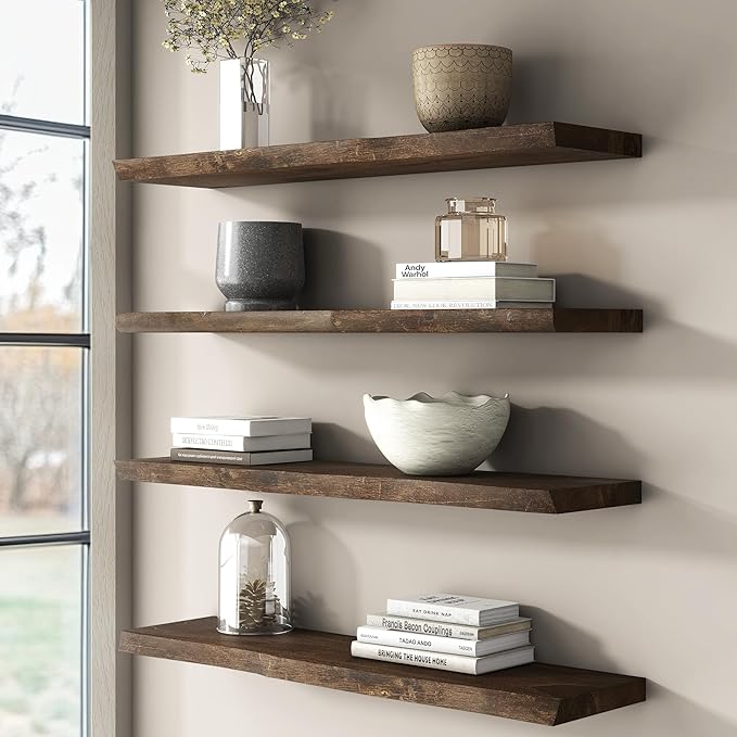 Reclaimed Elm Wood Floating Shelves for Wall, Live Edge 24"W x 9.2"D x 1.4"H, Set of 2 with Invisible Bracket, Wall Mounted Shelves for Living Room Bedroom Kitchen Bathroom Decor, Walnut Finish