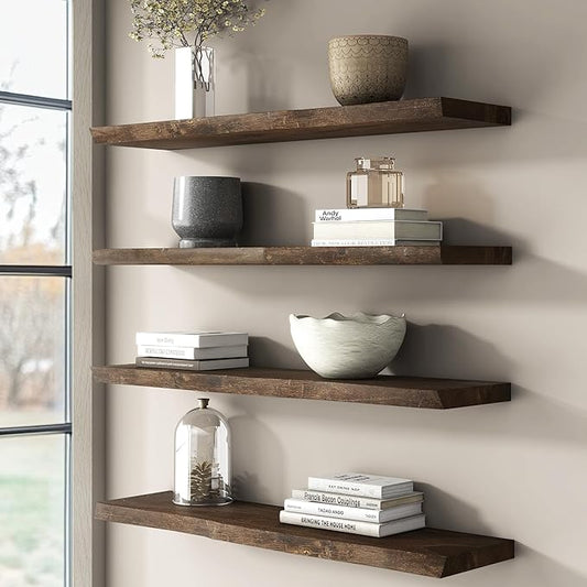 Reclaimed Elm Wood Floating Shelves for Wall, Live Edge 36"W x 9.2"D x 1.4"H, Set of 2 with Invisible Bracket, Wall Mounted Shelves for Living Room Bedroom Kitchen Bathroom Decor, Walnut Finish