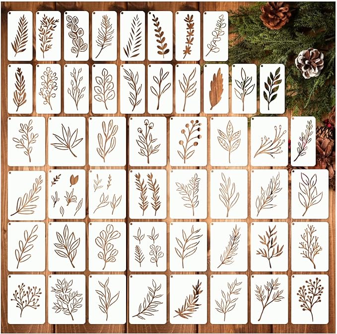Leaf Stencils for Crafts Small Leaves and and Branches Paint Plant Stencil for Painting On Wood Wall Card Making, Tiny Nature Vine Herb Essential Art Stencils for Adults Kids (50 Leaves)