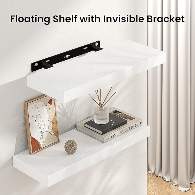 Square Floating Shelves for Wall, 7.5" W x 7.5" D x 1.4" H, Small Wooden Wall Mounted Display Shelf with Invisible Brackets for Living Room, Bathroom, Kitchen Decor, Set of 4, White